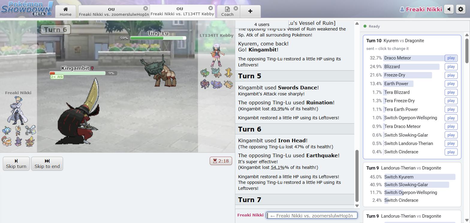 The PokeCoach panel beside a Gen 9 OU battle, ranking every move and switch by weight with a play button on each